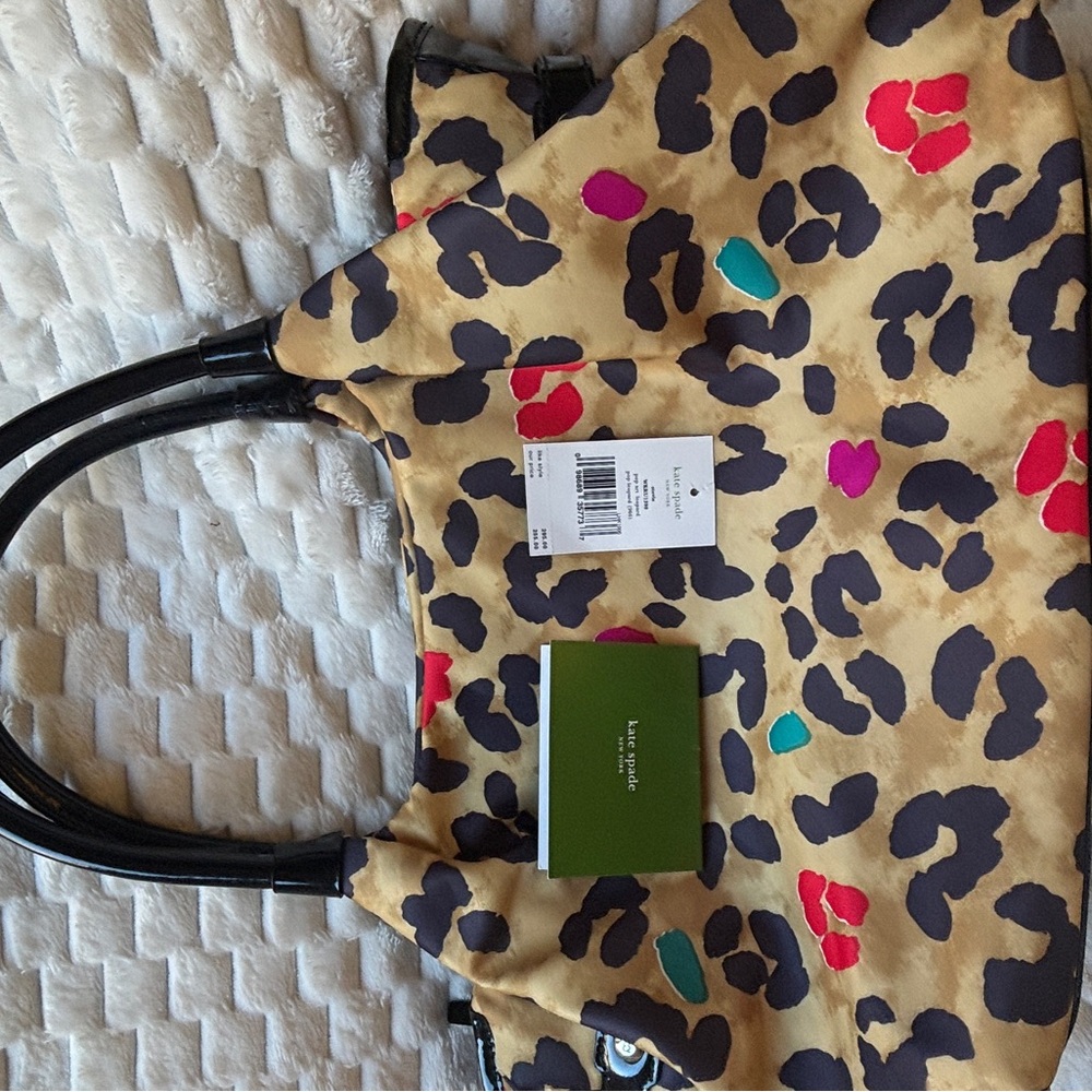 Kate Spade NY Stevie Pop Art Leopard Nylon Tote Black Patent Gold Hardware - Picture 9 of 11